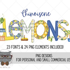 Chinoiserie Lemon Alphabet PNG Font Bundle, Lemonade Letters Alpha Font, Sublimation Alpha Set Designs PNG, Lemon Font