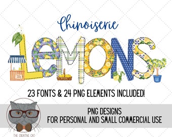 Chinoiserie Lemon Alphabet PNG Font Bundle, Lemonade Letters Alpha Font, Sublimation Alpha Set Designs PNG, Lemon Font