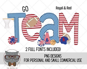 Royal and Red Faux Applique Football Alphabet PNG Font Bundle, Football Letters Alpha Font, Cheerleader Sublimation Alpha Set Designs PNG
