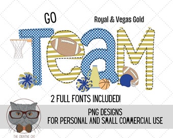Royal and Vegas Gold Faux Applique Football Basketball Alphabet PNG Font Bundle, Gameday Sublimation Alpha Set Designs PNG