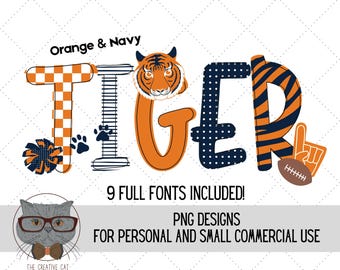 Orange and Navy Tiger Alphabet PNG Font Bundle, Football Alpha Font, Sublimation Alpha Set Designs PNG, Alabama Font