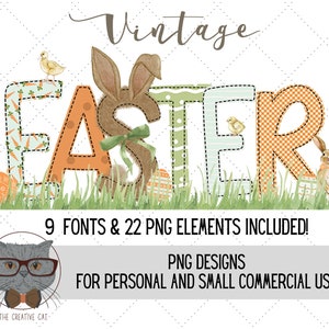 Può includere: Progettazione grafica vintage di Pasqua con la parola "Easter" scritta in lettere di patchwork colorate. Le lettere sono decorate con coniglietti, pulcini e uova. Il testo "9 FONTS & 22 PNG ELEMENTS INCLUDED!" e "PNG DESIGNS FOR PERSONAL AND SMALL COMMERCIAL USE" sono inclusi anche nell'immagine.
