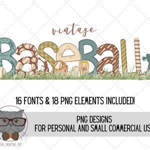 Könnte beinhalten: Vintage-Baseball-Grafikdesign mit dem Wort "Baseball" in Patchwork-Lettern. Die Buchstaben sind in Braun-, Blau- und Grüntönen gehalten. Das Design beinhaltet einen Baseball, einen Schläger, einen Handschuh und einen Spieler. Der Text "16 Schriftarten & 18 PNG-Elemente enthalten!" befindet sich unter dem Design. Der Text "PNG-Designs für den persönlichen und kleinen kommerziellen Gebrauch" befindet sich unter dem Text. Der Text "The Creative Cat" befindet sich am unteren Rand des Bildes.