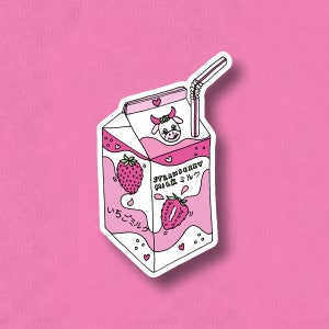 Ichigo Milk Strawberry Milk Carton Cute Pink Sticker, Waterproof Sticker for Water Bottles, Laptop