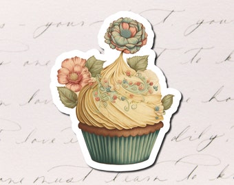 Cupcake Sticker, Vintage Cupcake Sticker, Vintage Stickers, Waterproof Vinyl Stickers for Water Bottles, Full Color Stickers for Laptop