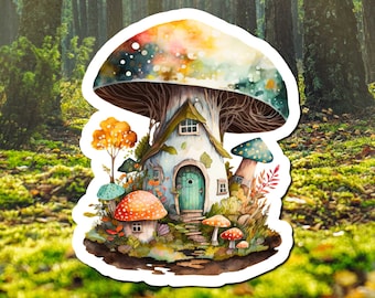 Watercolor Mushroom House Vinyl Sticker, Forest Decal