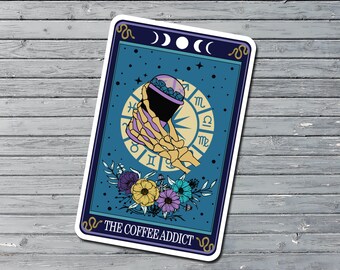 Coffee Addict Tarot Card Sticker, Waterproof Vinyl Laptop Decal