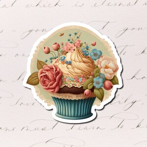 Vintage Flower Cupcake Sticker, Waterproof Vinyl Decal
