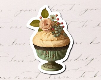 Vintage Cupcake Sticker, Vintage Stickers, Cupcake Sticker, Waterproof Vinyl Stickers for Water Bottles, Full Color Stickers for Laptop