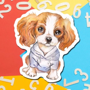 May include: A watercolor illustration of a Cavalier King Charles Spaniel puppy wearing a blue hoodie. The puppy has brown, white, and black fur and big brown eyes. The background is a colorful abstract pattern.