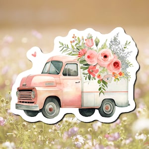 Vintage Truck Sticker, Flower Truck Vinyl Sticker, Farm Truck Sticker, Pink Truck, Pickup Truck Decal, Waterproof Stickers for Water Bottles
