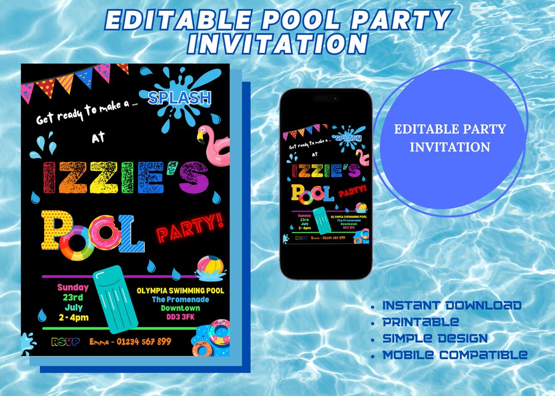 Pool Party Invitation, Swimming Party, Swim Party, Template Digital ...