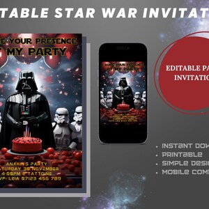Star War Party invitation , Darth invitation, Vader birthday party invitation,  Stars Wars invitation,  invitation, digital editable invite