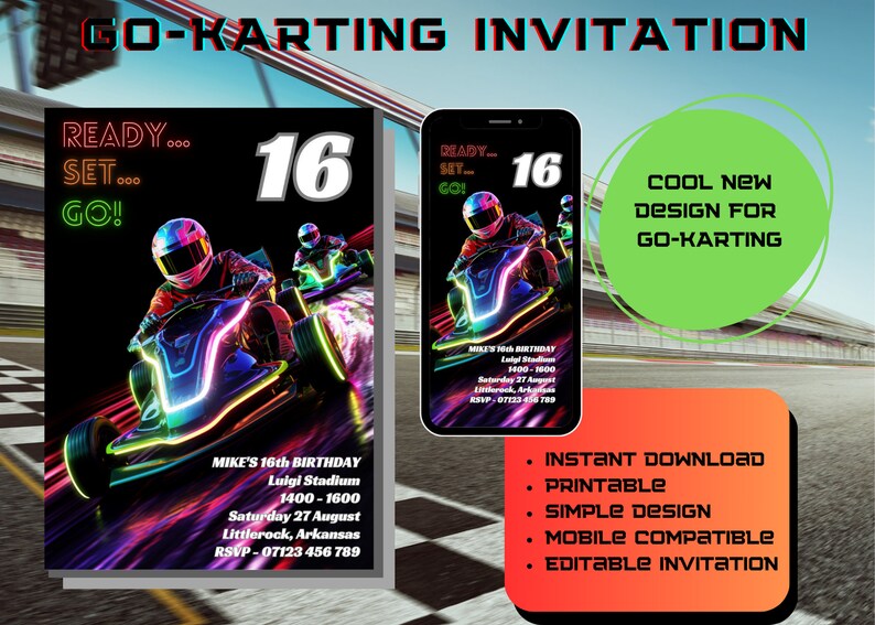 GOKARTING Birthday Party, Go Kart / Go-karting Invitation, Go Cart ...