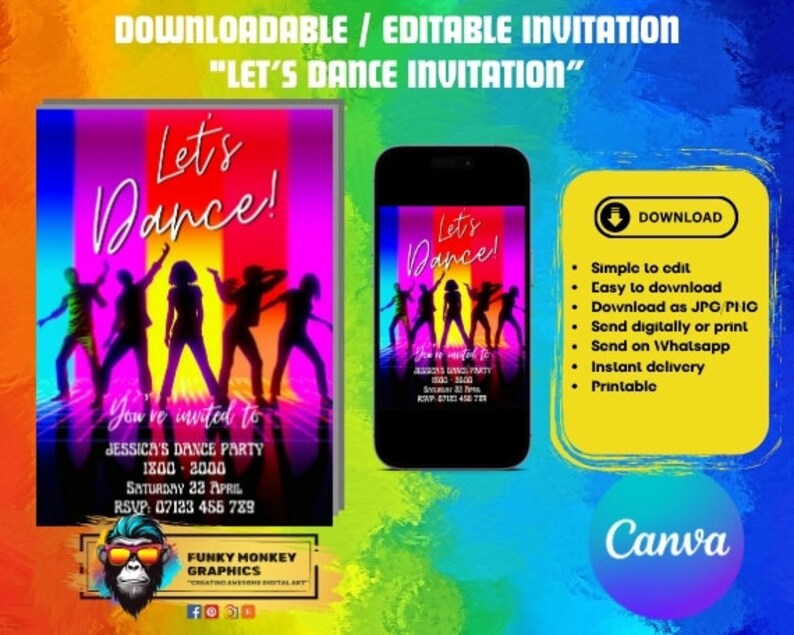 DANCE Birthday Party, Disco Dance Birthday Party Invitation, Disco ...