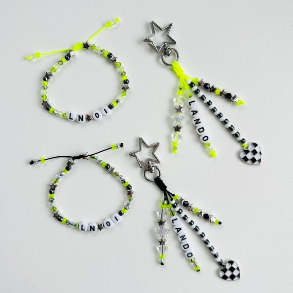 Lando Norris Beaded Keychain Bracelet Set: F1 Helmet Inspired Accessories, F1 Bag Charm