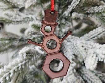 Cedar Snowman Ornament Made of Nuts with Wrench Arms and Top Hat – Birch or Cedar, Perfect for Gearhead Holiday Decor