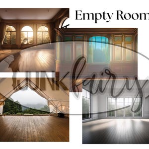 Może przedstawiać: Kolaż czterech zdjęć przedstawiających puste pokoje. Pokoje mają drewniane podłogi, duże okna i detale architektoniczne. Tekst "Empty Rooms" jest wyświetlany u góry obrazu.