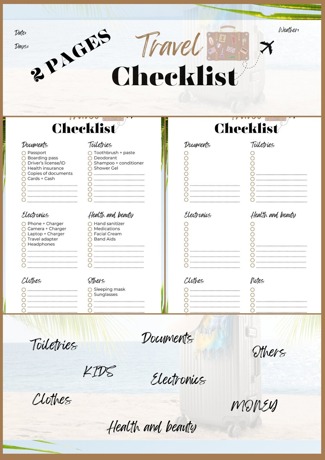 2 PAGES, Travel Packing List Printable - Instant Download, Vacation ...