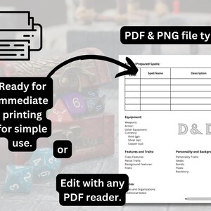 D &amp; D Character Sheet Printable Dungeons and Dragons Game Custom PNG ...