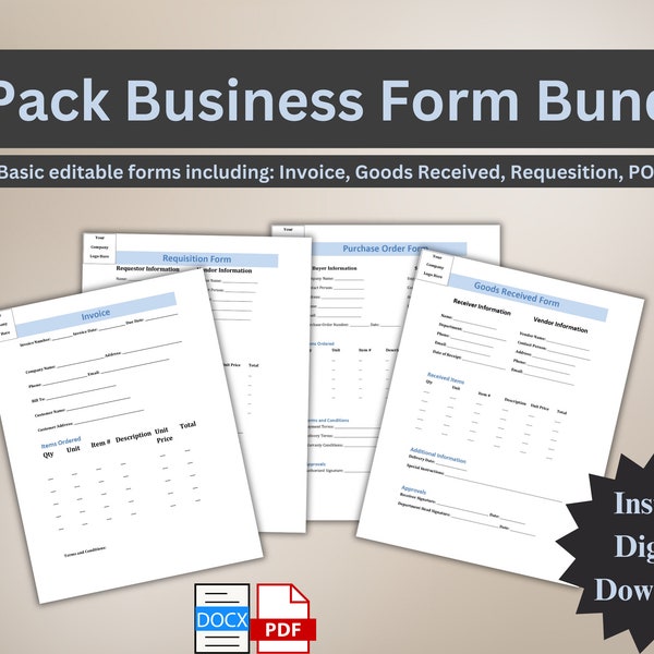 4-Pack Business Forms Bundle - Purchase Order, Invoice, Goods Received, Purchase Requisition Form Word (.DOCX) and PDF Digital Download
