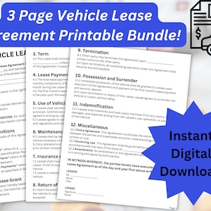 3 Page Vehicle Lease Agreement Printable Bundle | Auto Lease Agreement PNG Instant Digital Download | Basic Rental Agreement Template PDF