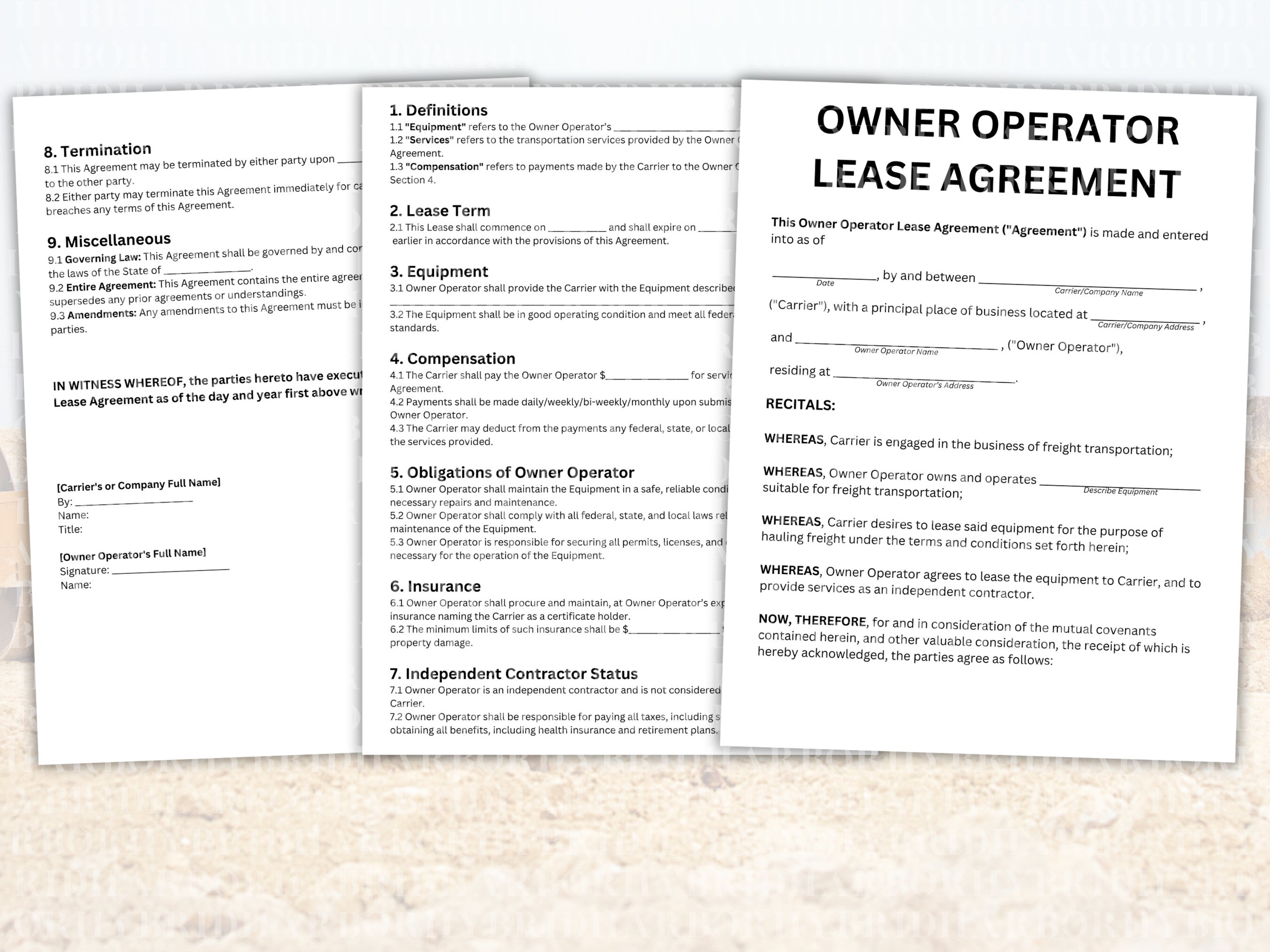 Owner Operator Lease Agreement Printable Bundle | Heavy Equipment Lease ...