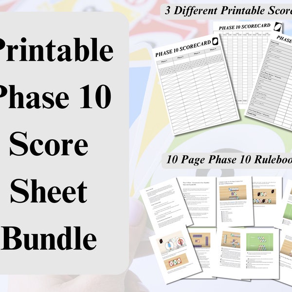 Phase 10 Score Sheet Digital Download Bundle | Phase 10 Tracker Card Game Custom PNG PDF Printable Pages | Game Night Phase Ten Printables