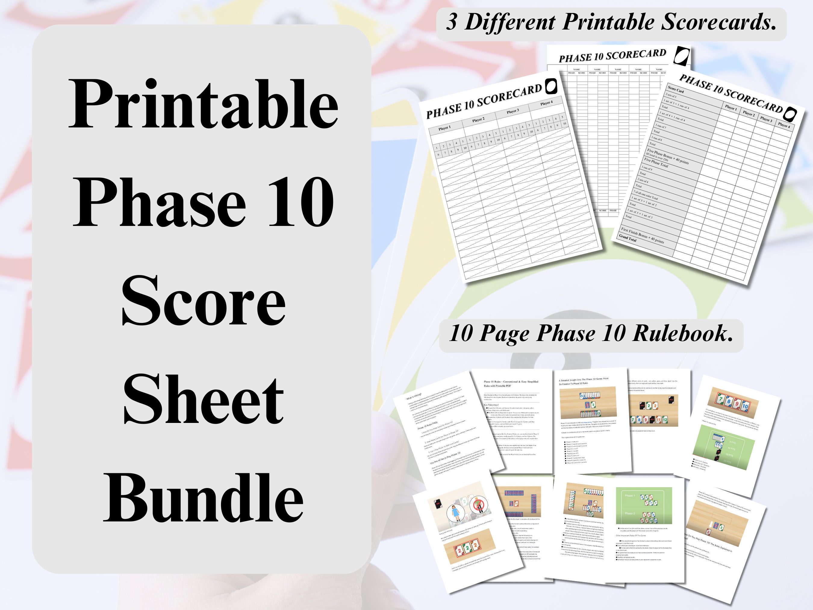 Phase 10 Score Sheet Digital Download Bundle Phase 10 Tracker Card