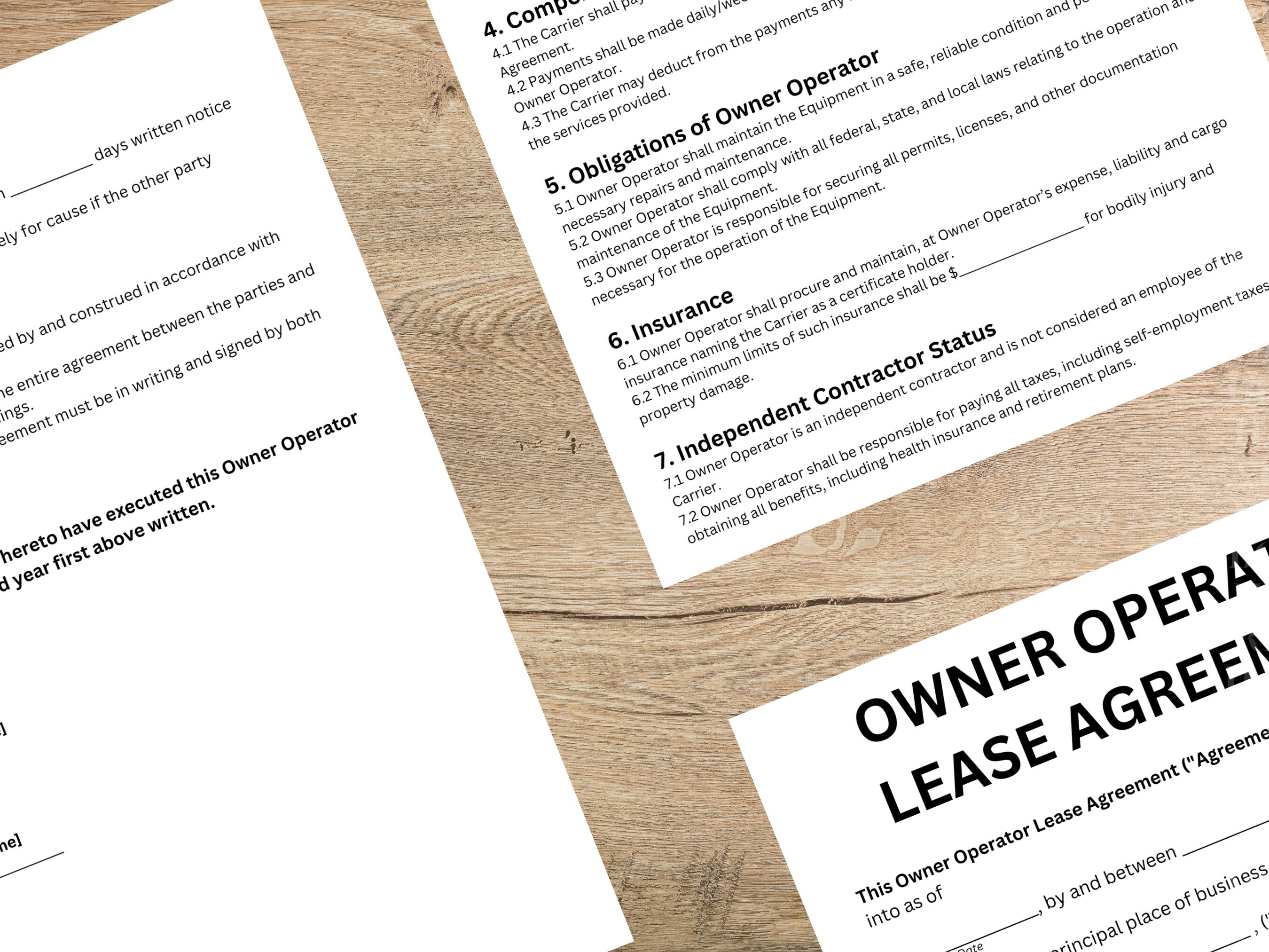 Owner Operator Lease Agreement Printable Bundle | Heavy Equipment Lease ...