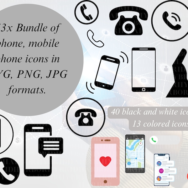 53 Bundle Phone Icon SVG | Cell Phone PNG Digital Download Icons | Mobile Phone Icon Pack | Custom Mobile Phone Text Telephone JPG Icons