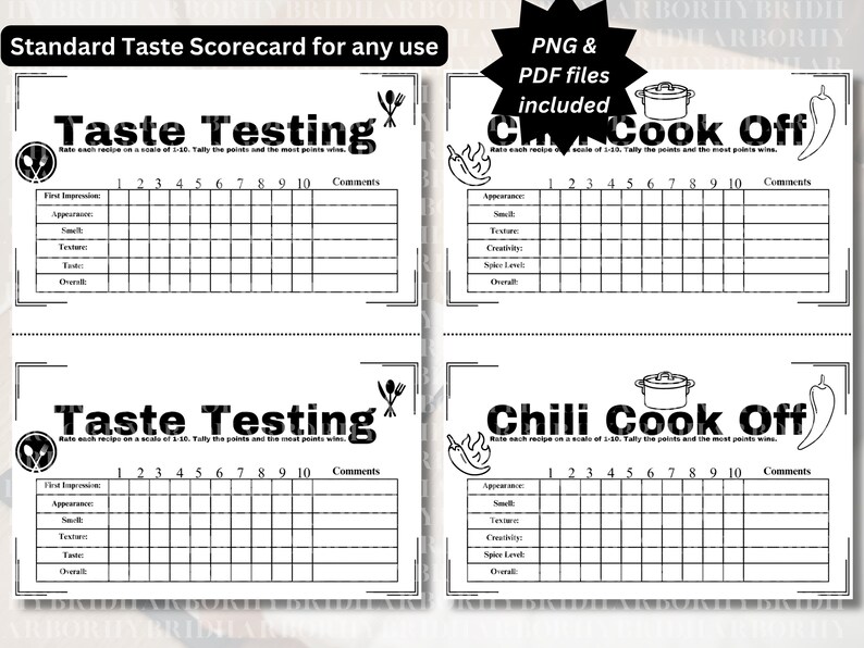 Taste Test Score Card Digital Download Bundle | Cake Wine Chili Testing Scorecard Custom PNG PDF ...