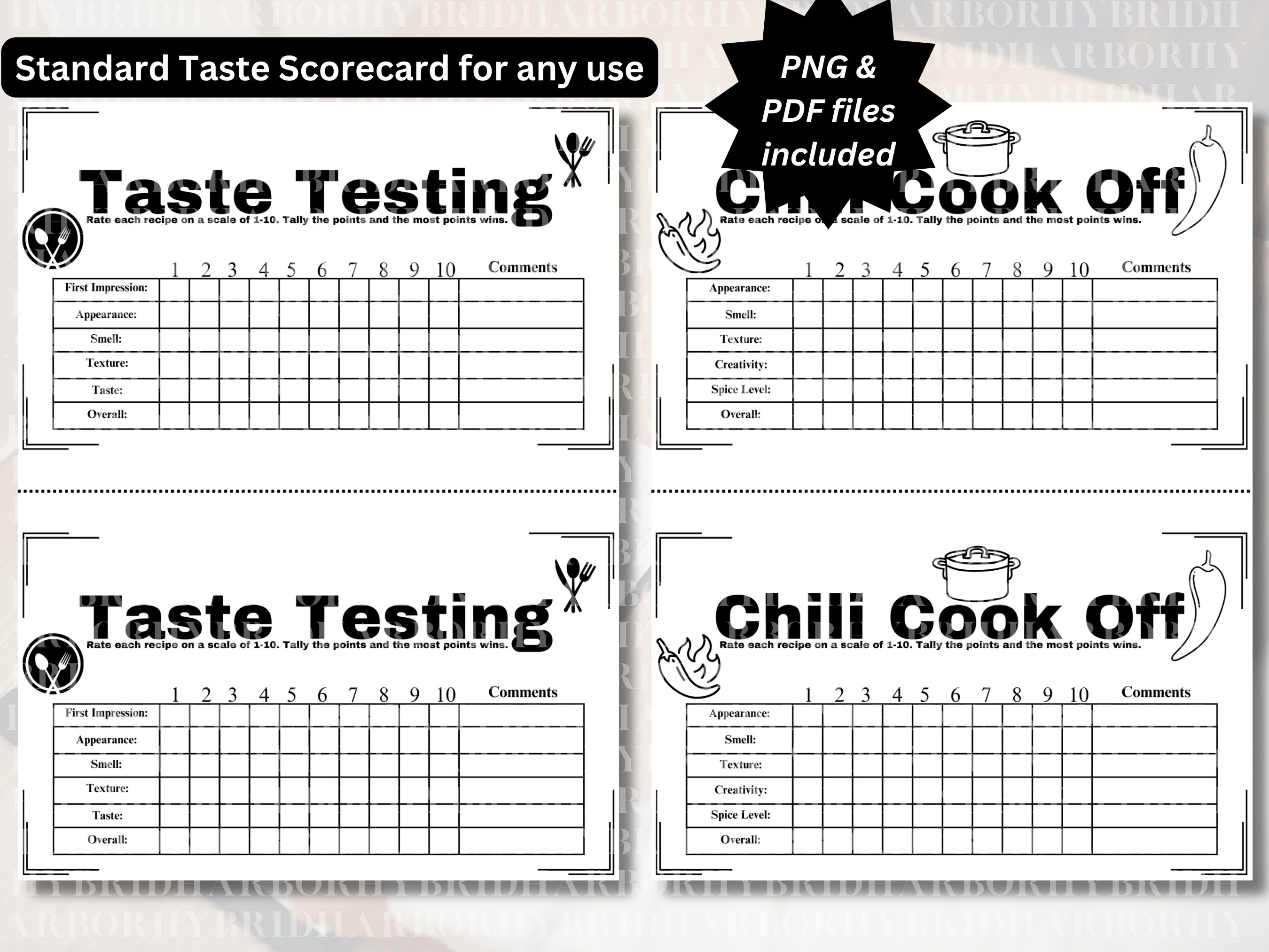 Taste Test Score Card Digital Download Bundle | Cake Wine Chili Testing Scorecard Custom PNG PDF ...