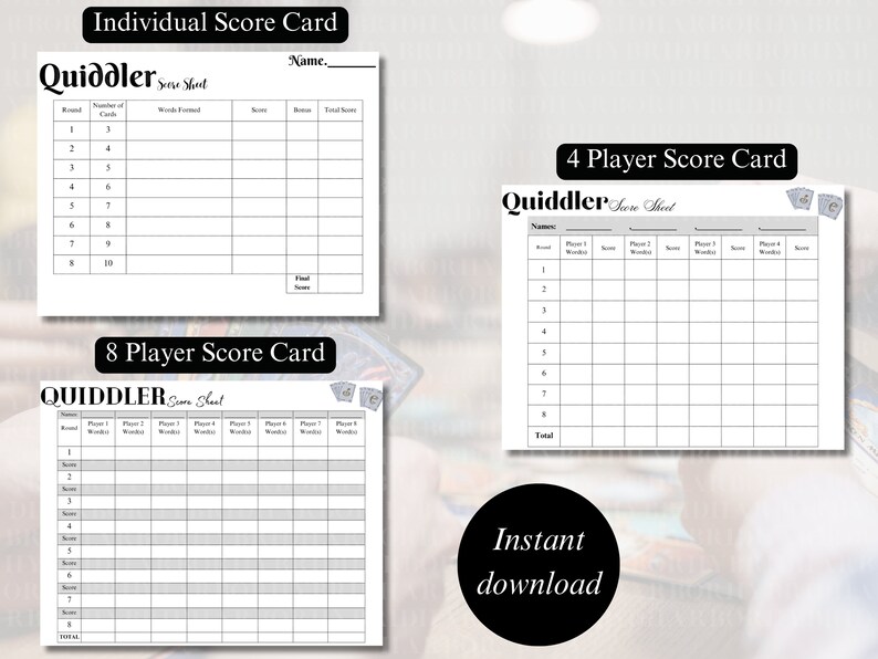 Quiddler Score Sheet Digital Download Bundle Word Game Tracker Quiddler Score Sheet Digital Download Bundle Word Game Tracker