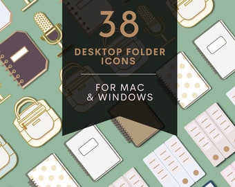 May include: A collection of 38 desktop folder icons for Mac and Windows. The icons are in a variety of styles, including notebooks, binders, and bags. The icons are all in a flat design style and are perfect for organizing your desktop.