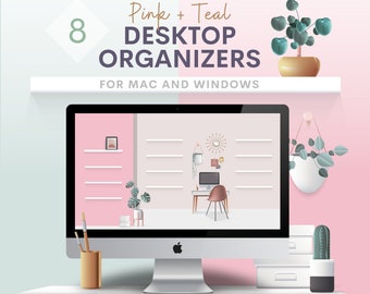 3D Desktop Wallpaper Organizer: Pastel Teal & Pink, Mid Century Modern (Digital Download)
