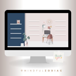 May include: A computer screen displaying a mock-up of a home office with a desk, chair, shelves, and plants. The screen is on a white desk with a sticky note that says "thank you".