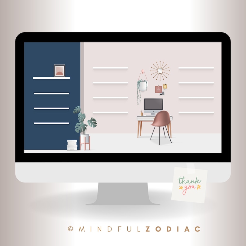 May include: A computer screen displaying a mock-up of a home office with a desk, chair, shelves, and plants. The screen is on a white desk with a sticky note that says "thank you".