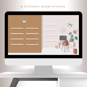 May include: A computer screen displaying four different room options. The left side shows a brown wall with shelves and a hanging plant. The right side shows a pink wall with shelves, a desk, a chair, a plant, and a lamp.