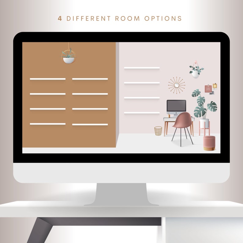 May include: A computer screen displaying four different room options. The left side shows a brown wall with shelves and a hanging plant. The right side shows a pink wall with shelves, a desk, a chair, a plant, and a lamp.