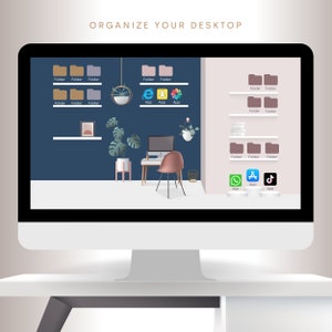 May include: A computer screen displaying a desktop with a blue background and a pink background. The screen shows a variety of folders and apps, including a web browser, a notification app, a flower app, a messaging app, a music app, and a social media app. The screen also shows a desk with a chair, a plant, and a picture frame.