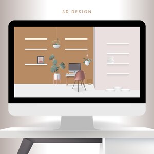 May include: A computer screen mockup showing a 3D rendering of a home office interior design. The room features a desk with a chair, a computer, and plants. The walls are painted in a light brown and white color scheme. The shelves are filled with books and decorative items.