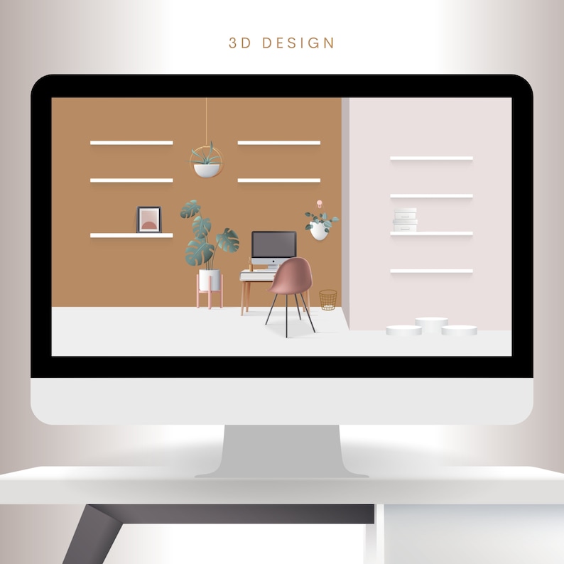 May include: A computer screen mockup showing a 3D rendering of a home office interior design. The room features a desk with a chair, a computer, and plants. The walls are painted in a light brown and white color scheme. The shelves are filled with books and decorative items.