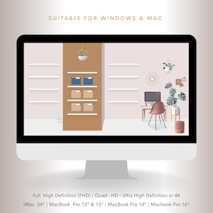 May include: A computer screen displaying a mock-up of a home office with a desk, chair, shelves, and plants. The text "SUITABLE FOR WINDOWS & MAC" is at the top of the screen. The text "Full High Definition (FHD) | Quad -HD | Ultra High Definition or 4K" is below the image. The text "iMac 24" | MacBook Pro 13" & 13" | MacBook Pro 14" | Macbook Pro 16" is at the bottom of the screen.