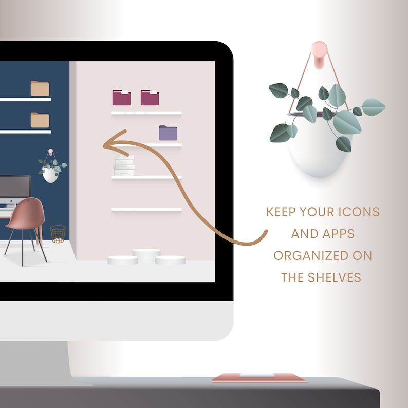 May include: A computer screen displaying a digital desktop with shelves and folders. The shelves are labeled with the text "KEEP YOUR ICONS AND APPS ORGANIZED ON THE SHELVES".
