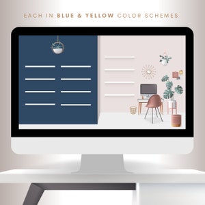 May include: A computer monitor displaying a mock-up of a home office with a pink desk chair, a potted plant, and shelves. The left side of the screen is a dark blue color with white lines.