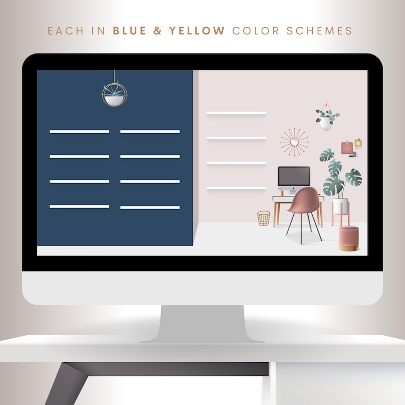 May include: A computer monitor displaying a mock-up of a home office with a pink desk chair, a potted plant, and shelves. The left side of the screen is a dark blue color with white lines.