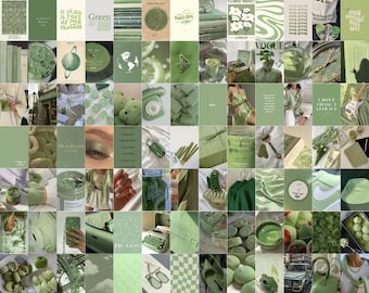 100Pcs Sage Green Wall Collage Kit - Boho Aesthetic, Soft Botanical Photo Collage Kit, Trendy Aesthetic Dorm Room Decor, Sage Green Decor