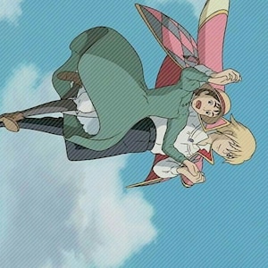 May include: A young woman with long blonde hair is flying through the air with a younger woman with brown hair and a green dress. The woman with blonde hair is wearing a red and white patterned coat with a pink cape. The background is a blue sky with white clouds.