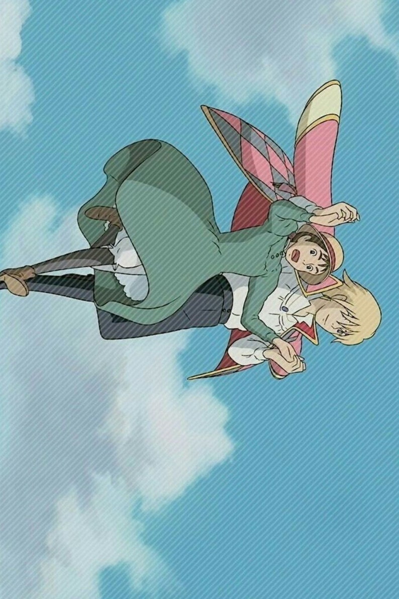 May include: A young woman with long blonde hair is flying through the air with a younger woman with brown hair and a green dress. The woman with blonde hair is wearing a red and white patterned coat with a pink cape. The background is a blue sky with white clouds.